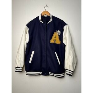 Navy Blue Varsity Letterman Jacket White Faux Leather Sleeves Gold A Patch